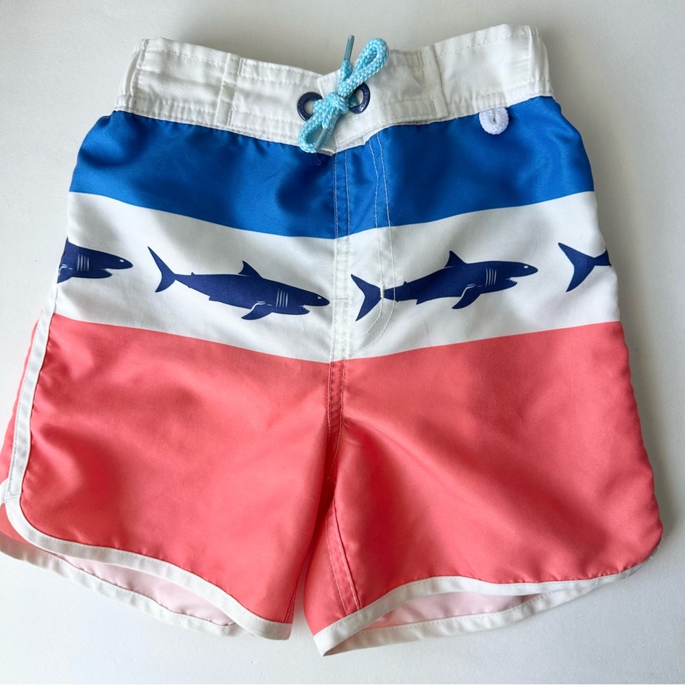 Mini Boden Red, White and Blue Shark Print Swim Shorts